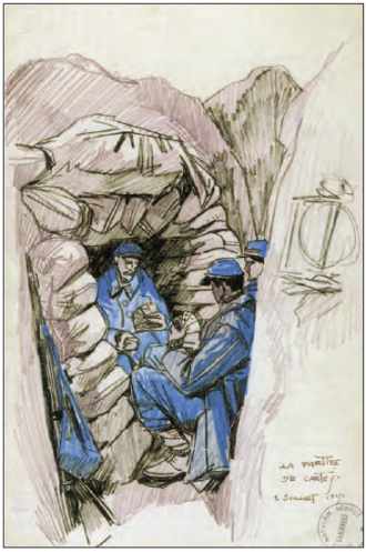 Mathurin Méheut, Poilus dans les abris, la partie de cartes, 1915.