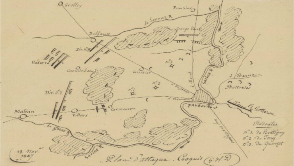 Plan d'attaque de Fribourg par le Général Dufour lors de la guerre du Sonderbund