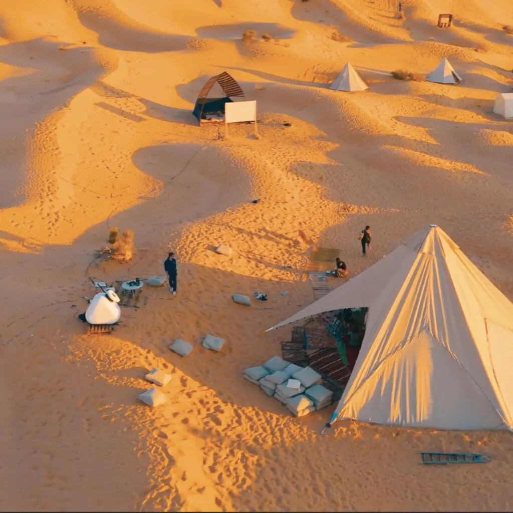 Campement dans le désert tunisien équipé de générateurs d’eau atmosphérique.