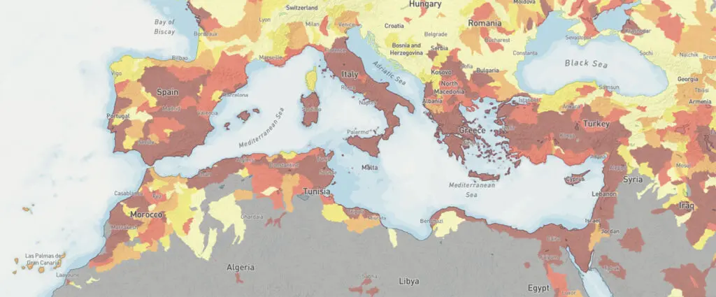 Fig 1 – État du stress hydrique à l’horizon 2030 dans la Méditerranée.