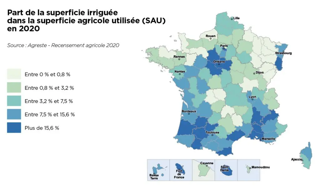 Part de la superficie irriguée 
dans la superficie agricole utilisée (SAU) 
en 2020