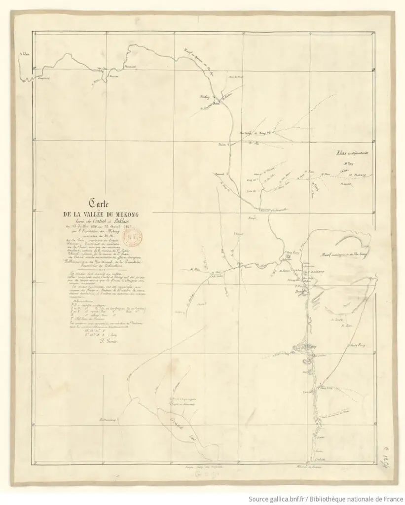 Carte de la vallée du Mékong, levée de Cratieh à Paklaie, du 13 juillet 1866 au 22 avril 1867, par l’expédition du Mékong... par Francis Garnier. Source gallica.bnf.fr / Bibliothèque nationale de France