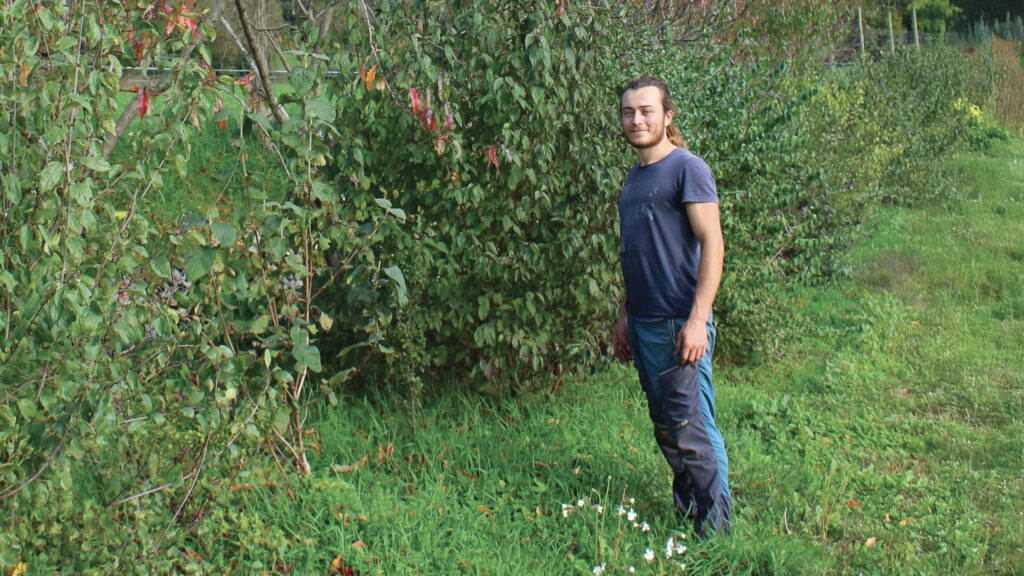 Antonin devant une haie, contenant quelques arbres fruitiers et offrant de nombreux services écosystémiques aux terrains autour.