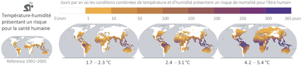 Figure 4 : Inhabitabilité de la Terre en fonction du réchauffement. Groupe de travail I du GIEC, 2021. 