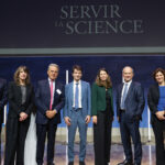 Lancement de la campagne de levée de fonds de la Fondation de l'école polytechnique : De gauche à droite : Thierry Coulhon, Marie Caillat, Alexandre de Juniac (X81), Loïc Rocard (X91), Laura Chaubard (X99), Frédéric Oudéa (X81), Christel Heydemann (X94) et Jean-Paul Cottet (X74).