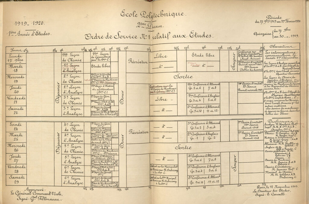 Emploi du temps de l'École polytechnique 1919-1920. © Collections École polytechnique (Palaiseau)