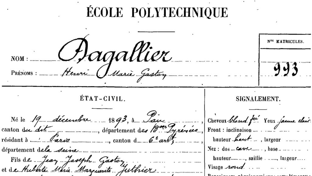 Fiche matricule d’élève de l’École polytechnique d’Henri Dagallier (X1912).