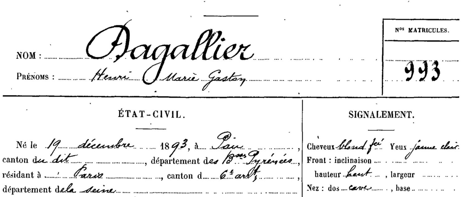 Fiche matricule d’élève de l’École polytechnique d’Henri Dagallier (X1912).