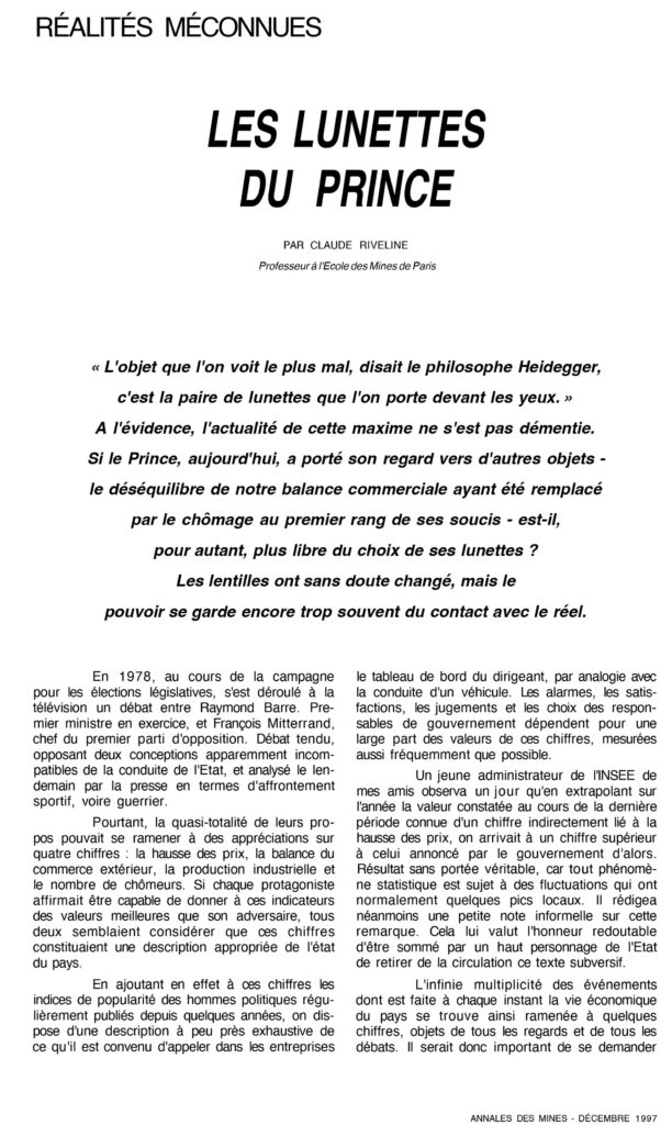 Claude Riveline, « Les lunettes du Prince », Annales des Mines, décembre 1997.